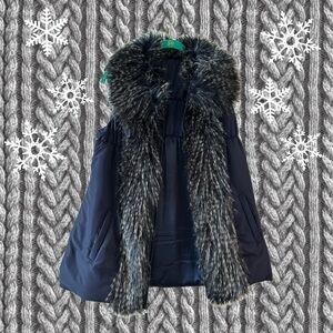 🧣Chico’s Faux Fur Trimmed Navy Vest, Chico’s Size 2=Large